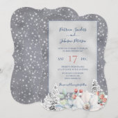 銀の雪片が降り注ぐ、冬の素朴な花をあしらったエレガントなモダンウェディング 招待状 (正面/裏面)