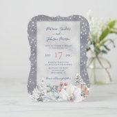 銀の雪片が降り注ぐ、冬の素朴な花をあしらったエレガントなモダンウェディング 招待状 (スタンド正面)