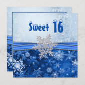 銀の雪片が青い甘い16パーティー 招待状 (正面/裏面)