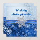 銀の雪片が青の正月休みのパーティー 招待状 (正面/裏面)