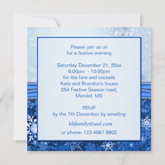 銀の雪片が青の正月休みのパーティー 招待状 (裏面)