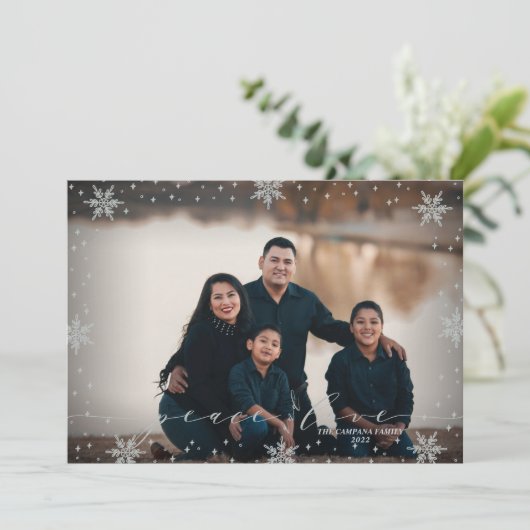 銀の雪 |平和と愛の写真クリスマス カード (スタンド正面)