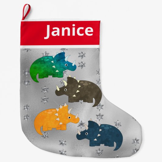 銀よくはしゃぐ数々の色の恐竜 ラージクリスマスストッキング (正面)