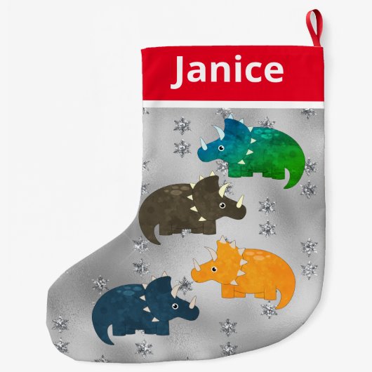 銀よくはしゃぐ数々の色の恐竜 ラージクリスマスストッキング (裏面)
