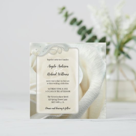銀アイボリーバラ結婚式招待状 招待状 (スタンド正面)