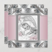 銀エレガントとピンクの赤ちゃんシャワー 招待状 (正面/裏面)