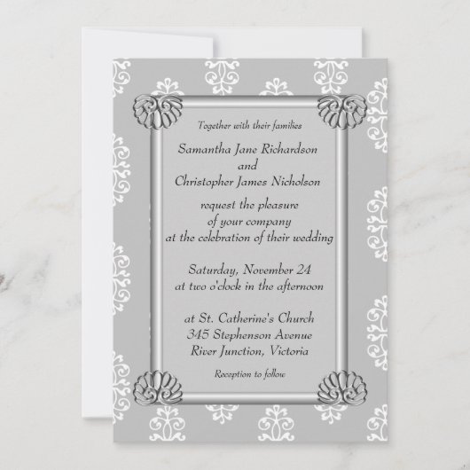 銀エレガントと白のダマスクの結婚式 招待状 (正面)