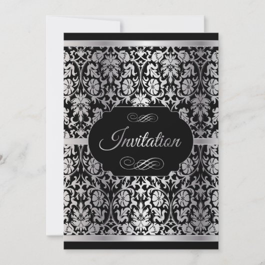 銀エレガントと黒のパーティーお祝い 招待状 (正面)