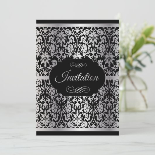 銀エレガントと黒のパーティーお祝い 招待状 (スタンド正面)