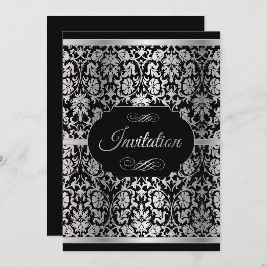 銀エレガントと黒のパーティーお祝い 招待状 (正面/裏面)
