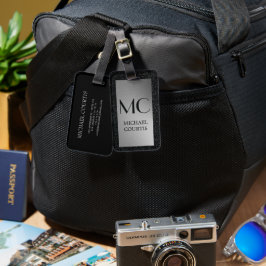 銀エレガントと黒のメタリックモノグラムの名 ラゲッジタグ