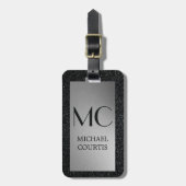 銀エレガントと黒のメタリックモノグラムの名 ラゲッジタグ (正面縦)