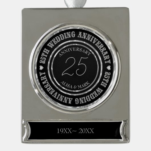 銀エレガントと黒の組み合わせハート シルバープレートバナーオーナメント (正面)