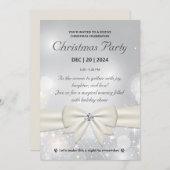 銀エレガントのクリスマスパーティーの弓とキラキラ 招待状 (正面/裏面)