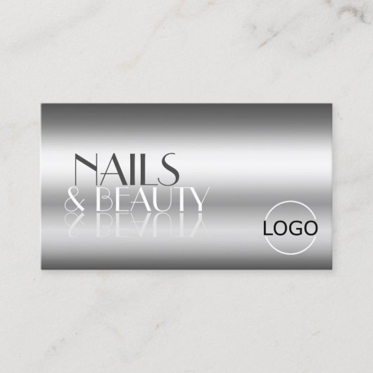 銀エレガントのモダン鏡文字とロゴ 名刺 (正面)