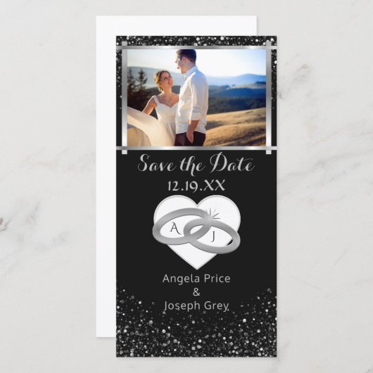 銀エレガントの結婚リングや輪 | 日付ハートの保存 セーブザデート (正面/裏面)