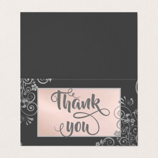 銀エレガントの花が輝くサンキューカード 名刺 (外部フラット)