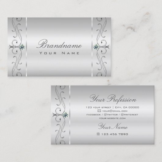 銀エレガントの華美斜面宝石装飾品 名刺 (正面/裏面)
