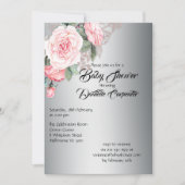 銀エレガントの赤ちゃんシャワーにピンクのバラ 招待状 (正面)