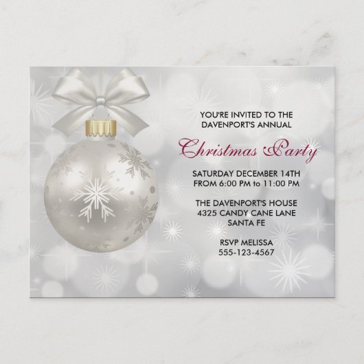 銀エレガントクリスマスボールパーティー招待状 ポストカード (正面)