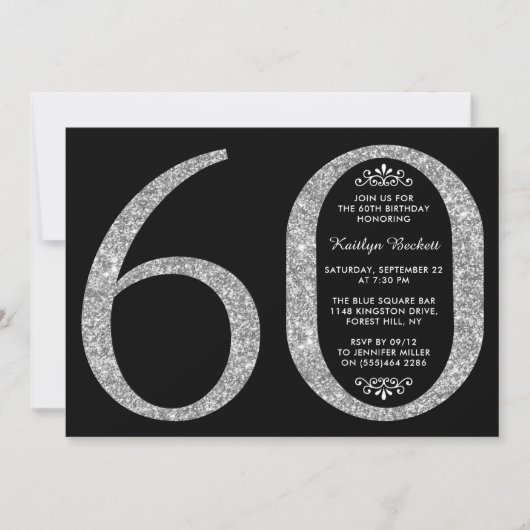 銀エレガントグリッタータイポグラフィ60誕生日 招待状 (正面)