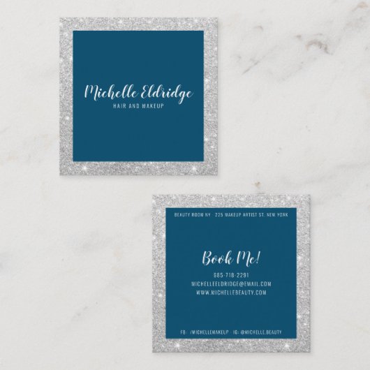 銀エレガントグリッターヘアメイクアップ紺色 スクエア名刺 (正面/裏面)