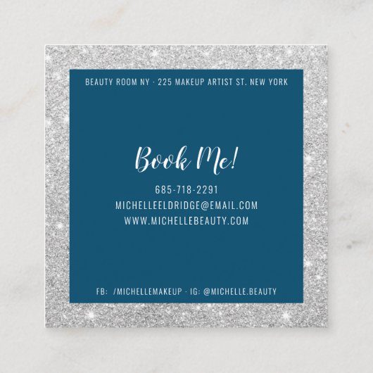 銀エレガントグリッターヘアメイクアップ紺色 スクエア名刺 (裏面)