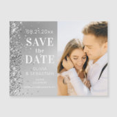 銀エレガントグリッター写真結婚式の日付を保存 マグネット招待状 (正面)