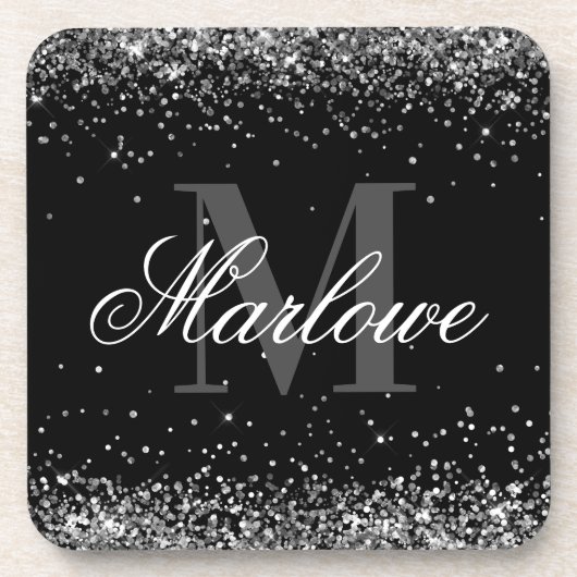 銀エレガントグリッター白黒モノグラム コースター (正面)