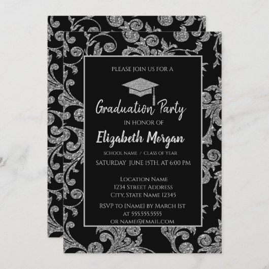 銀エレガントグリッター目盛りキャップ、渦巻き 招待状 (正面/裏面)