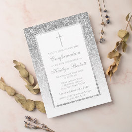 銀エレガントグリッター確認又は《キリスト教》洗礼式や命名式 招待状