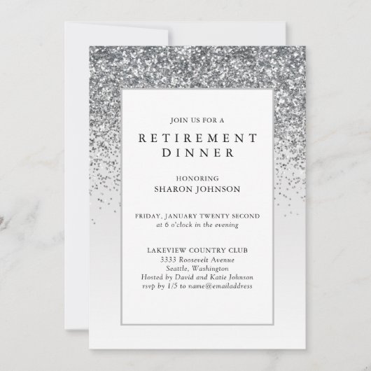 銀エレガントグリッター退職パーティー 招待状 (正面)