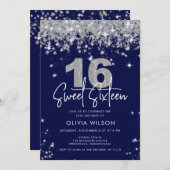 銀エレガントグリッターSweet sixteen誕生日 招待状 (正面/裏面)