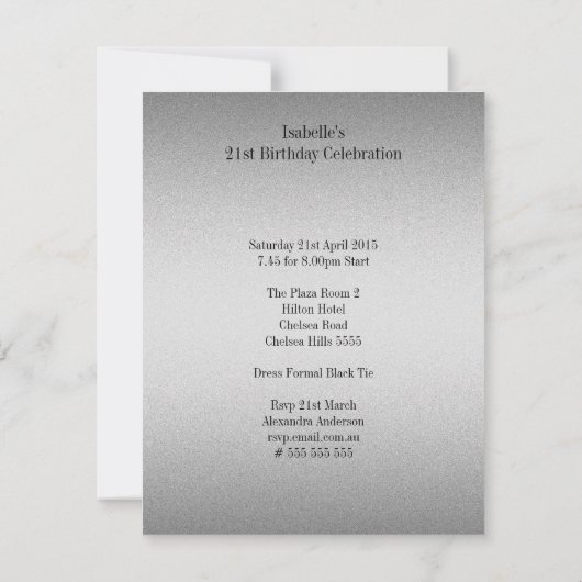 銀エレガントグレーメタルブラック21歳の誕生日 招待状 (裏面)