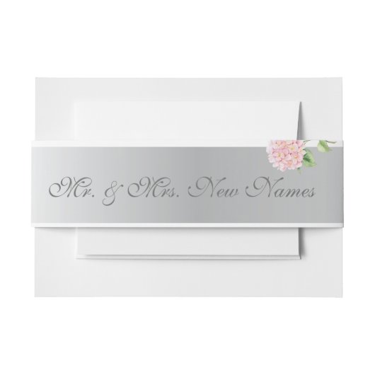 銀エレガントストライプとピンクアジサイ結婚ズ 招待状ベリーバンド (正面例)