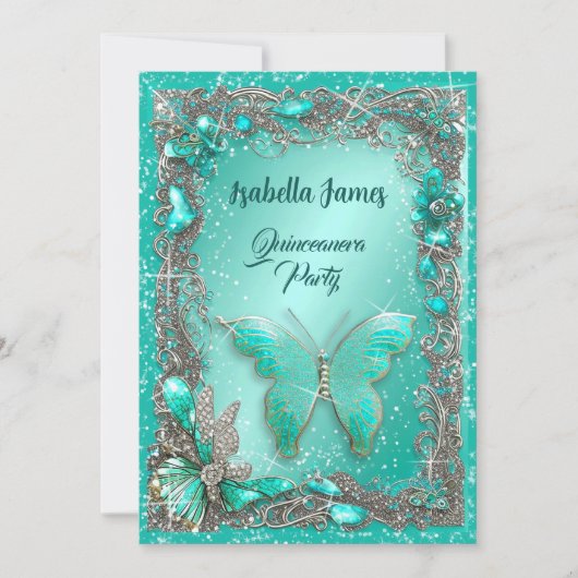 銀エレガントターコイズジュエリーmis 15th誕生日 招待状 (正面)