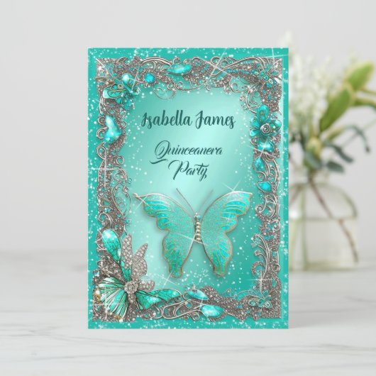 銀エレガントターコイズジュエリーmis 15th誕生日 招待状 (スタンド正面)