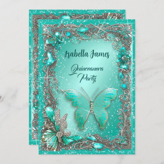 銀エレガントターコイズジュエリーmis 15th誕生日 招待状 (正面/裏面)