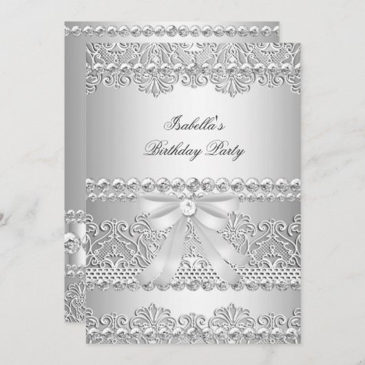 銀エレガントダイヤモンド白レース誕生日パーティー 招待状 (正面/裏面)