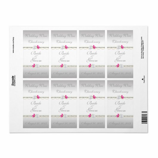 銀エレガントダマスクとピンク結婚のワインラベル ラベル (フルシート)