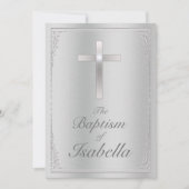 銀エレガントダマスクと金属のクロス洗礼 招待状 (正面)
