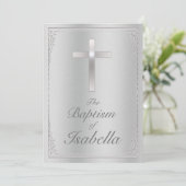 銀エレガントダマスクと金属のクロス洗礼 招待状 (スタンド正面)