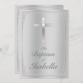 銀エレガントダマスクと金属のクロス洗礼 招待状 (正面/裏面)