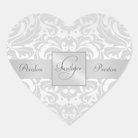 銀エレガントダマスクハート結婚シール ハートシール (正面)