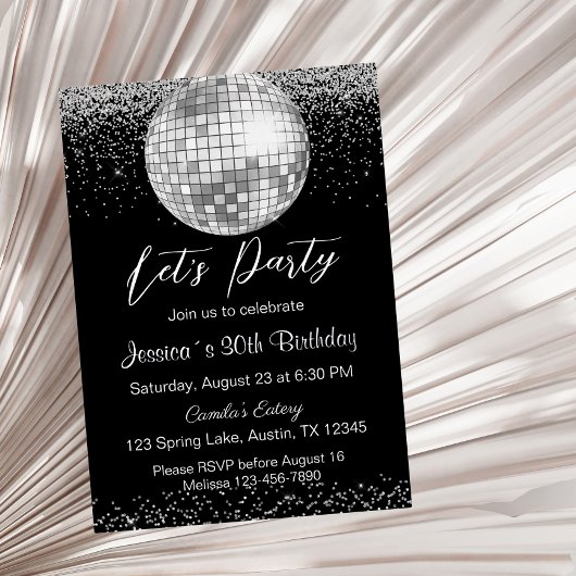 銀エレガントディスコボールレッズパーティー誕生日 箔招待状