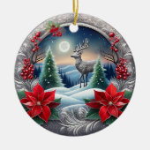 銀エレガントトナカイPoinsettiaフラワー、鹿🦌 セラミックオーナメント (正面)