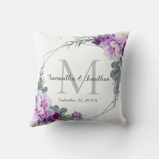 銀エレガントパープルフローラ結婚装飾用クッション クッション (裏面)