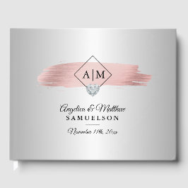 銀エレガントピンクのローズ金ゴールドモノグラ結婚ム ゲストブック