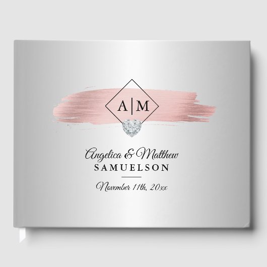 銀エレガントピンクのローズ金ゴールドモノグラ結婚ム ゲストブック (正面)