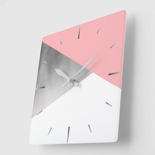 銀エレガントフェイクモダン赤面ピンク幾何学模様 スクエア壁時計 (傾斜)